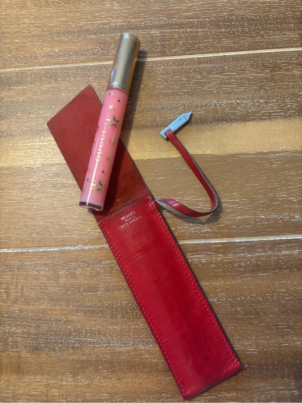 Hermes Rouge Vif Box Leather Pen Case with Gucci Pink Star Lip Gloss